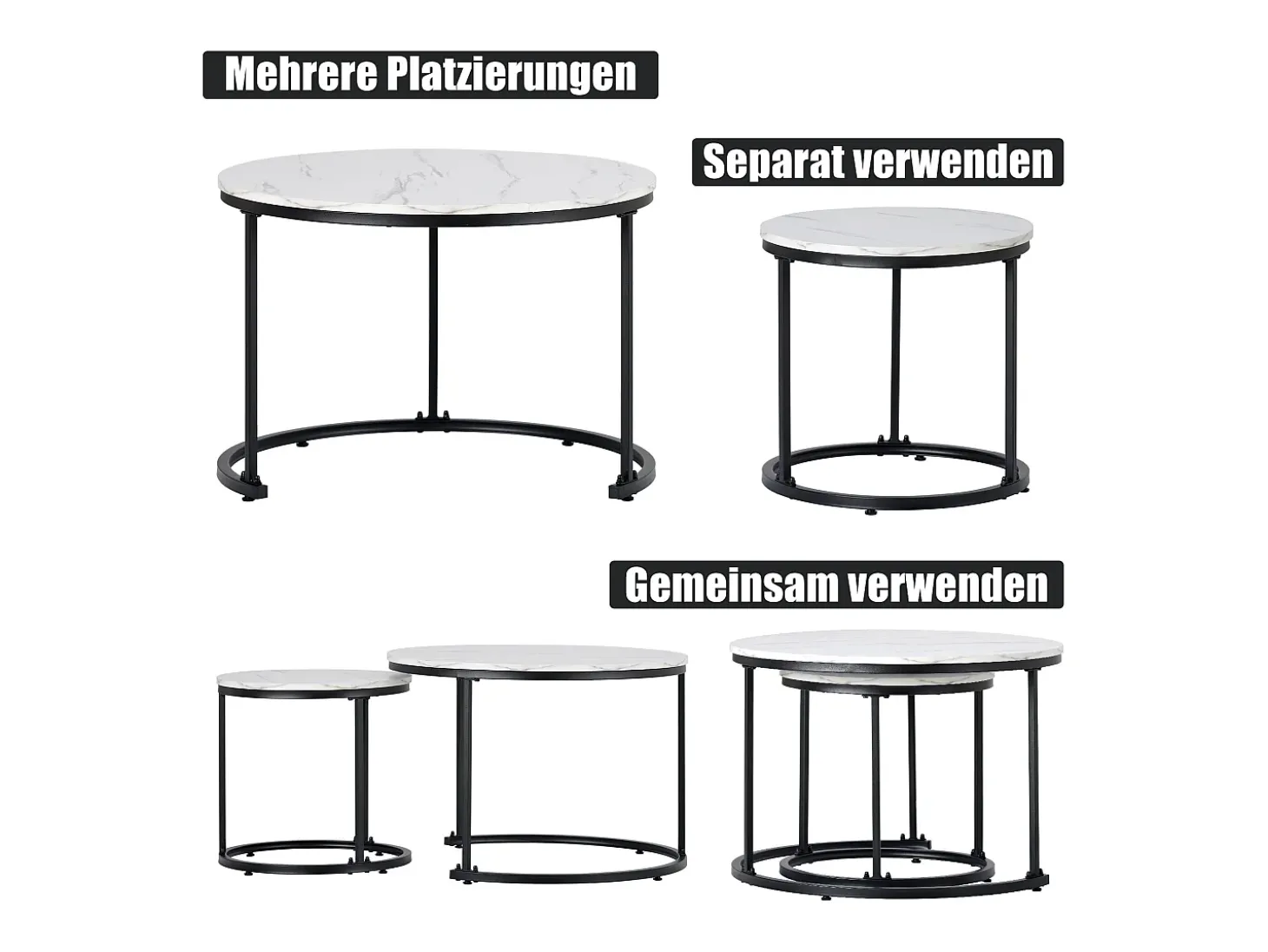 Conjunto de 2 mesas de centro encastráveis, mesa lateral redonda em MDF, folheado marmorizado, branco