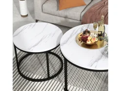Conjunto de 2 mesas de centro encastráveis, mesa lateral redonda em MDF, folheado marmorizado, branco