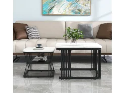 Conjunto de 2 mesas de centro encaixáveis com prateleira - mesa lateral com folheado de mármore - pernas de metal - branco e preto