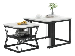 Conjunto de 2 mesas de centro encaixáveis com prateleira - mesa lateral com folheado de mármore - pernas de metal - branco e preto