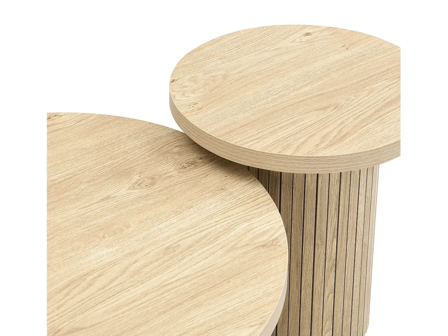 Conjunto de 2 mesas de centro redondas encaixáveis 66x66x40/40x40x46cm, MDF, superfície folheada a madeira natural clara