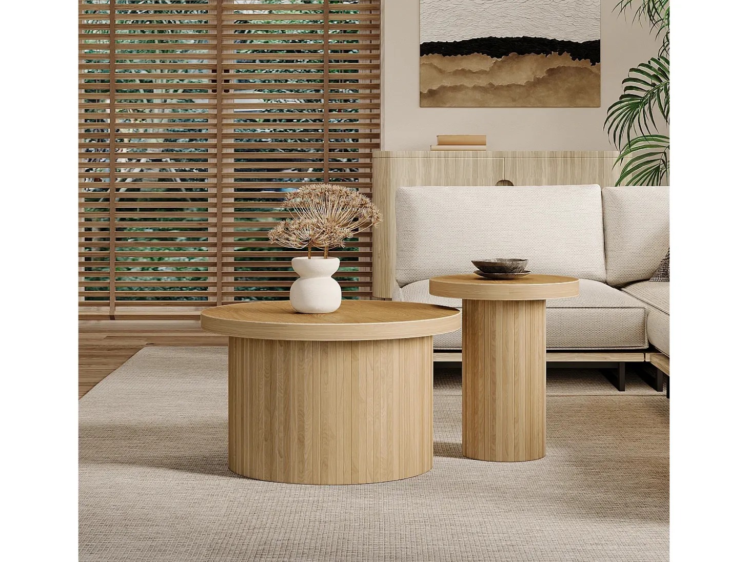Conjunto de 2 mesas de centro redondas encaixáveis 66x66x40/40x40x46cm, MDF, superfície folheada a madeira natural clara