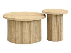 Conjunto de 2 mesas de centro redondas encaixáveis 66x66x40/40x40x46cm, MDF, superfície folheada a madeira natural clara