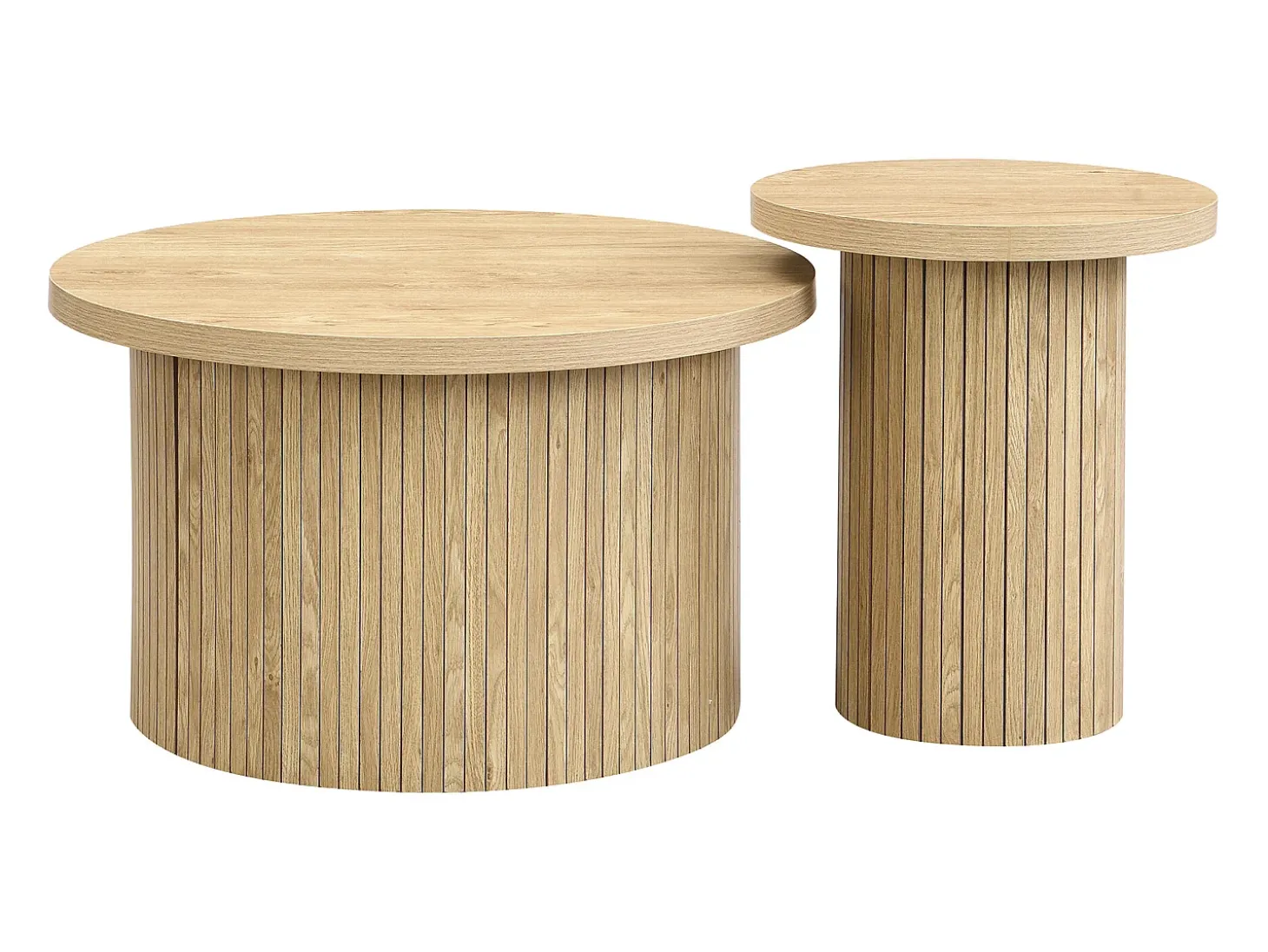 Conjunto de 2 mesas de centro redondas encaixáveis 66x66x40/40x40x46cm, MDF, superfície folheada a madeira natural clara