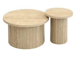 Conjunto de 2 mesas de centro redondas encaixáveis 66x66x40/40x40x46cm, MDF, superfície folheada a madeira natural clara