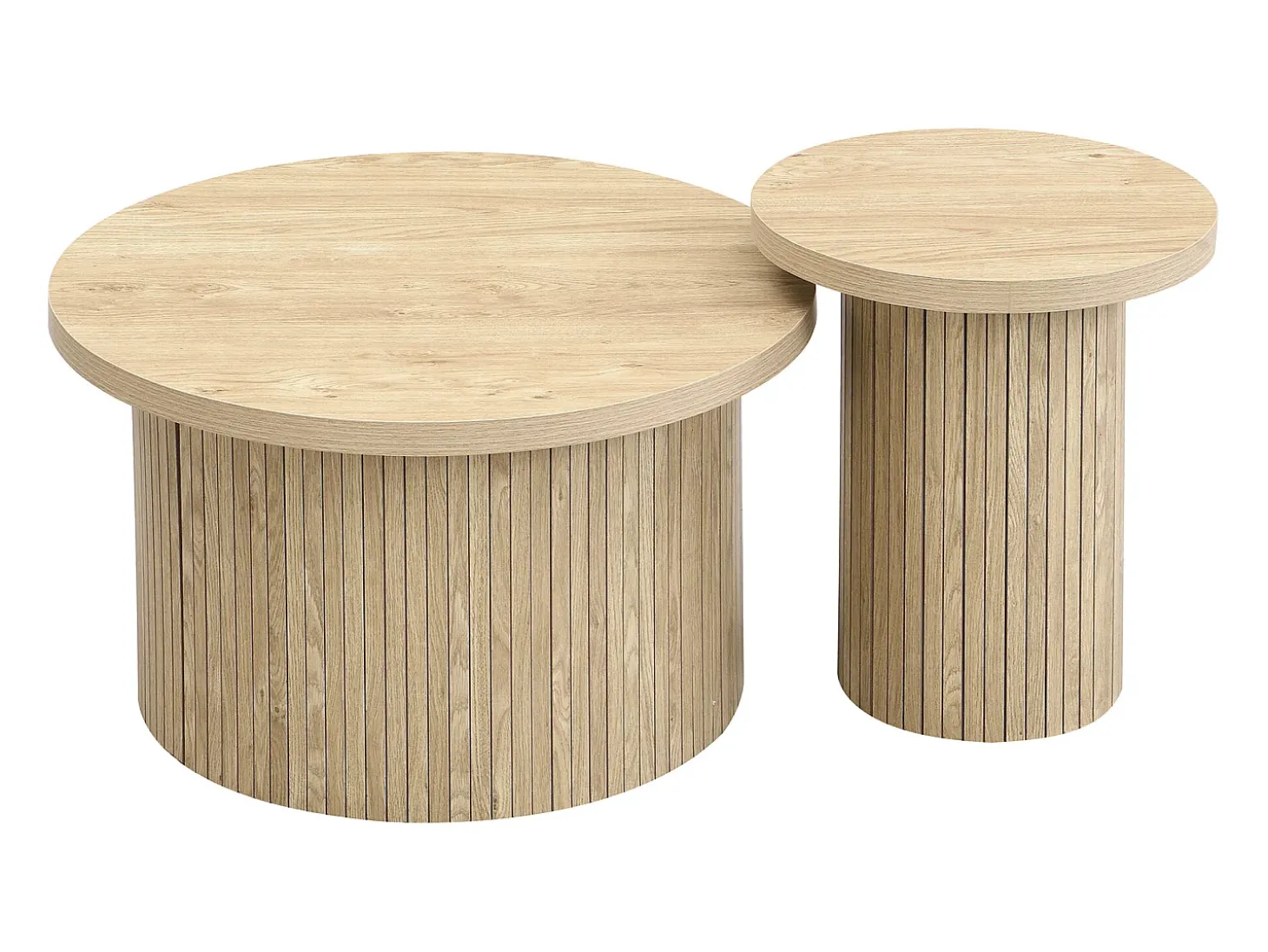 Conjunto de 2 mesas de centro redondas encaixáveis 66x66x40/40x40x46cm, MDF, superfície folheada a madeira natural clara