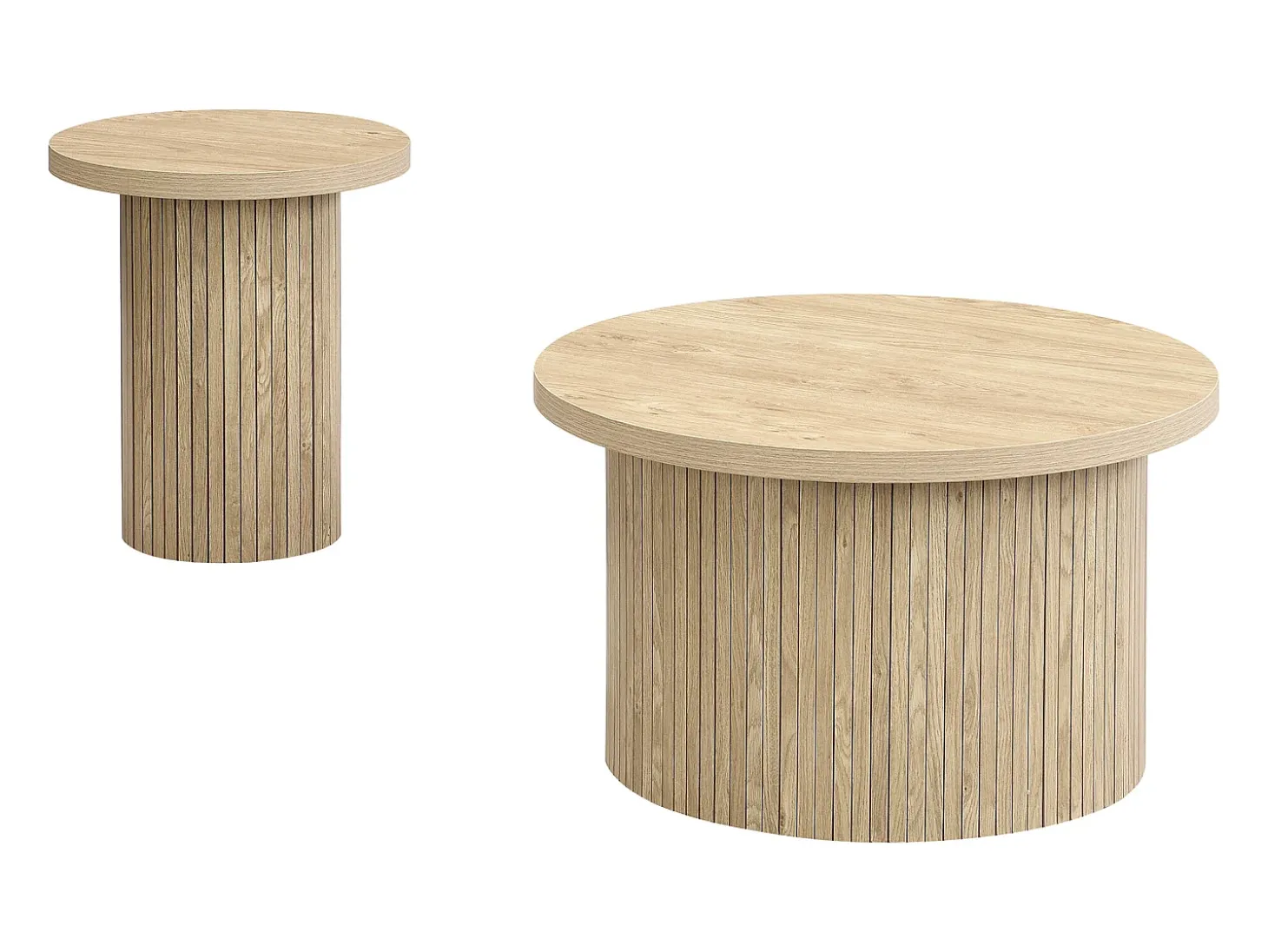 Conjunto de 2 mesas de centro redondas encaixáveis 66x66x40/40x40x46cm, MDF, superfície folheada a madeira natural clara