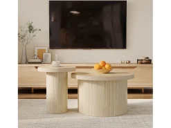 Conjunto de 2 mesas de centro encaixáveis, mesa lateral - D 66 x A 40 cm + D 40 x A 46 cm - MDF - Natural