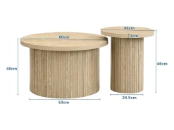 Conjunto de 2 mesas de centro encaixáveis, mesa lateral - D 66 x A 40 cm + D 40 x A 46 cm - MDF - Natural