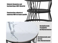 Conjunto de 2 mesas de centro, acabamento em mármore, mesas de encaixe ao lado do sofá, mesa redonda, estrutura preta