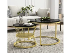 Conjunto de 2 mesas de centro redondas empilháveis com espaço de armazenamento, estrutura metálica, 70/45 cm, pretas