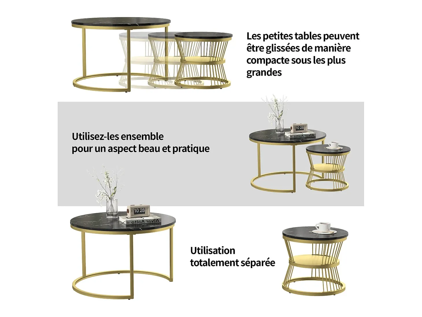 Conjunto de 2 mesas de centro redondas empilháveis com espaço de armazenamento, estrutura metálica, 70/45 cm, pretas