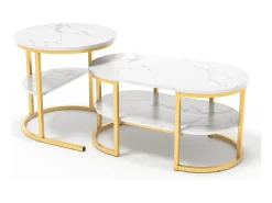 Conjunto de 2 mesas de centro escandinavas - oval, estampa de mármore, prateleiras de armazenamento, estrutura de metal dourado