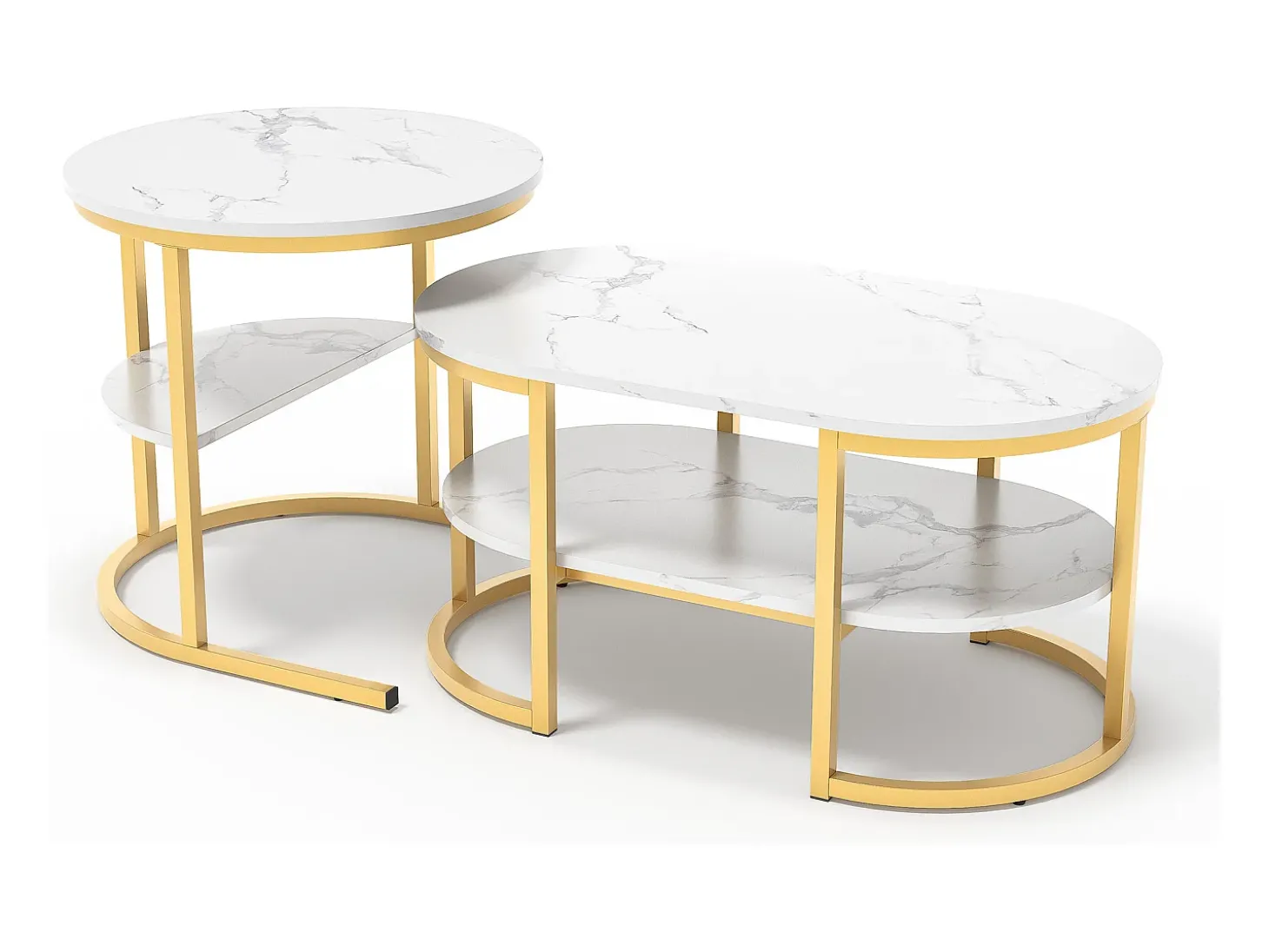 Conjunto de 2 mesas de centro escandinavas - oval, estampa de mármore, prateleiras de armazenamento, estrutura de metal dourado