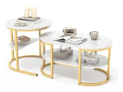 Conjunto de 2 mesas de centro escandinavas - oval, estampa de mármore, prateleiras de armazenamento, estrutura de metal dourado