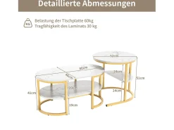 Conjunto de 2 mesas de centro escandinavas - oval, estampa de mármore, prateleiras de armazenamento, estrutura de metal dourado