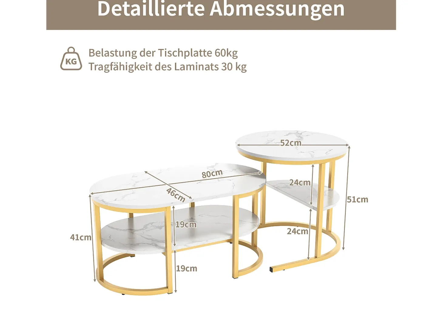 Conjunto de 2 mesas de centro escandinavas - oval, estampa de mármore, prateleiras de armazenamento, estrutura de metal dourado