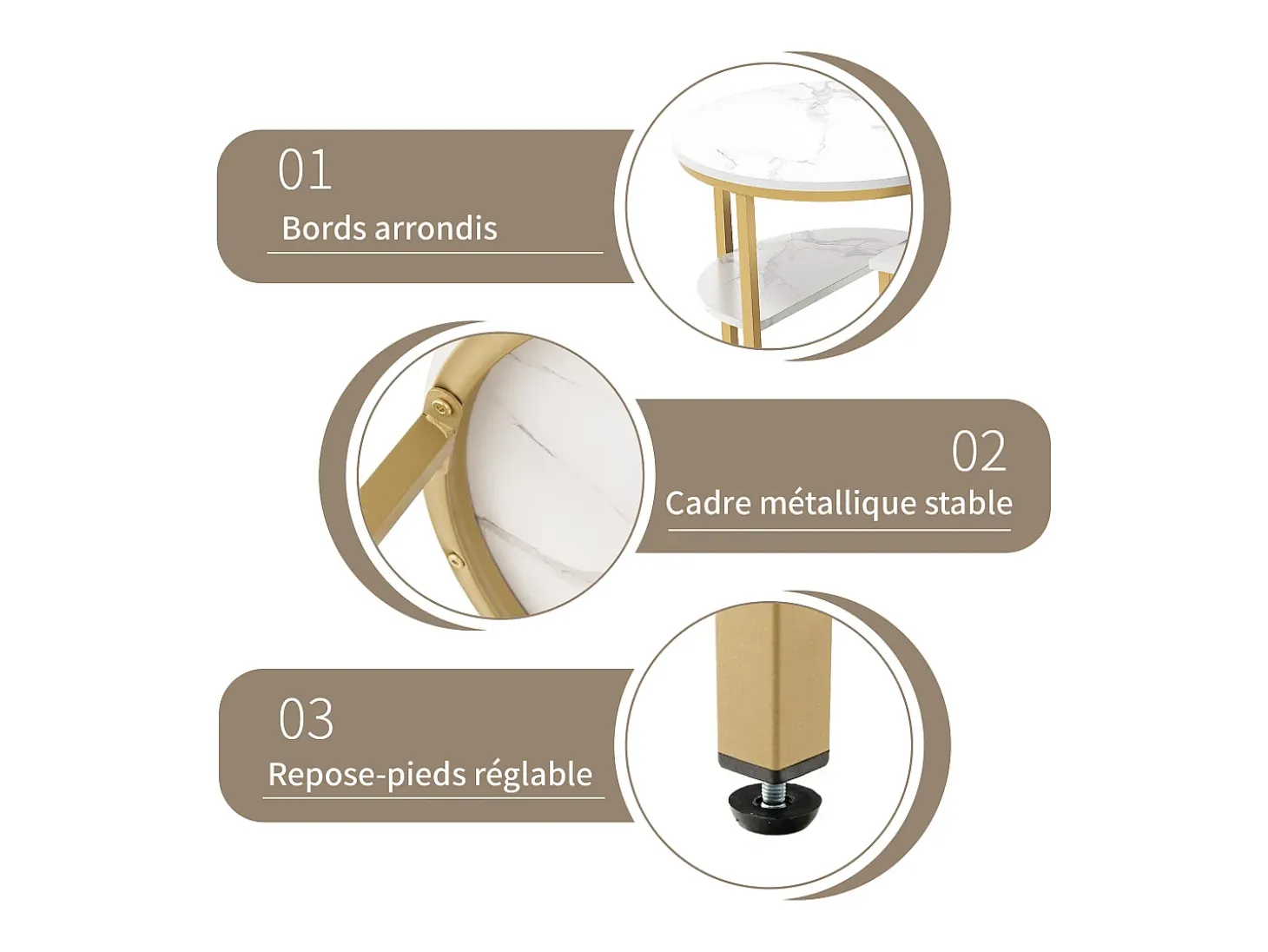Conjunto de 2 mesas de centro escandinavas - oval, estampa de mármore, prateleiras de armazenamento, estrutura de metal dourado