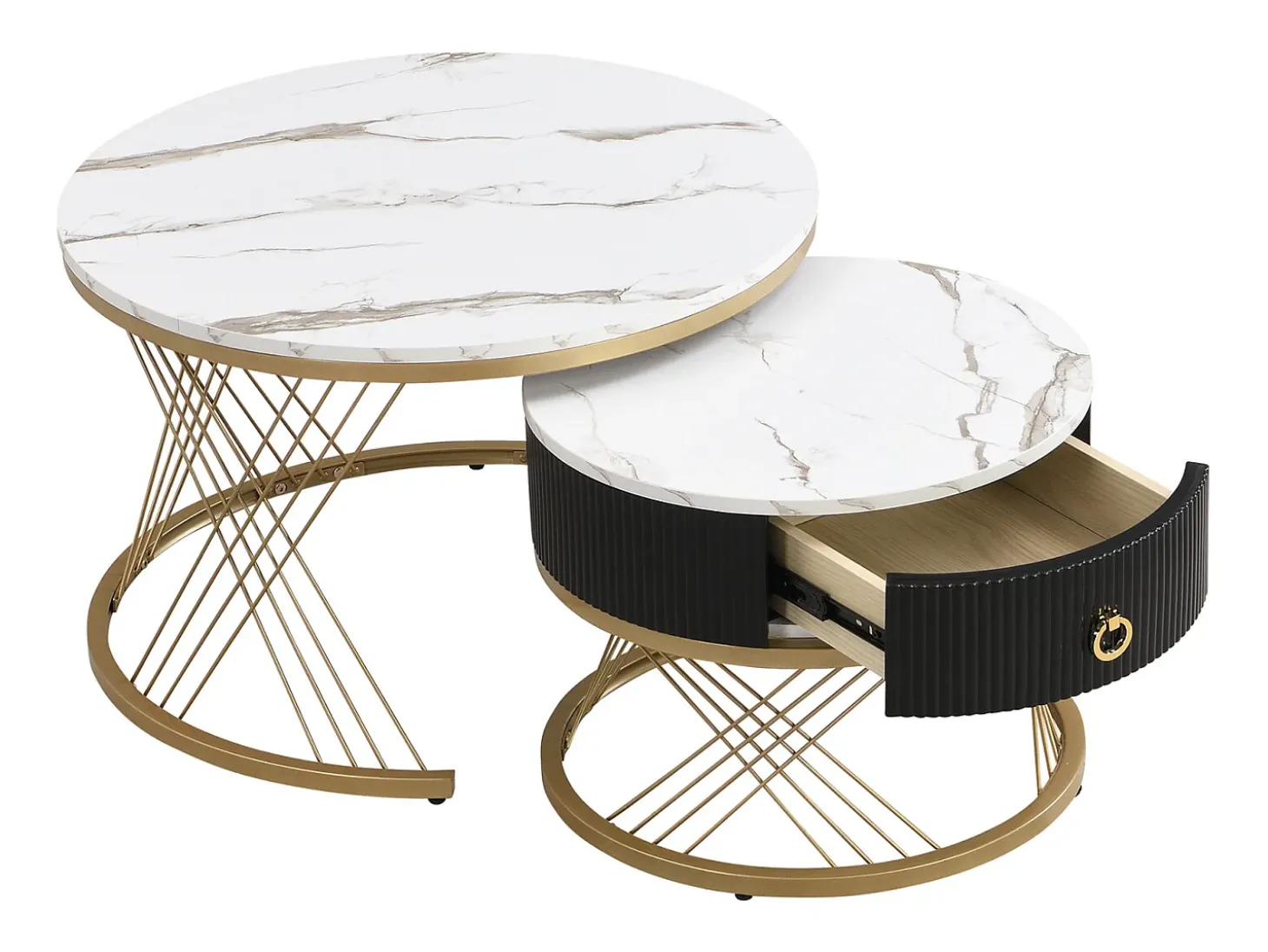 Conjunto de 2 mesas de centro encaixáveis, elegantes e empilháveis, mesa de apoio com decoração efeito mármore dourado com gaveta, 70x70x45cm+50x50x40cm, branco