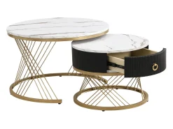 Conjunto de 2 mesas de centro encaixáveis, elegantes e empilháveis, mesa de apoio com decoração efeito mármore dourado com gaveta, 70x70x45cm+50x50x40cm, branco