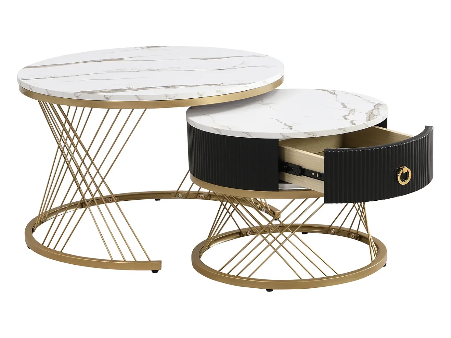 Conjunto de 2 mesas de centro encaixáveis, elegantes e empilháveis, mesa de apoio com decoração efeito mármore dourado com gaveta, 70x70x45cm+50x50x40cm, branco