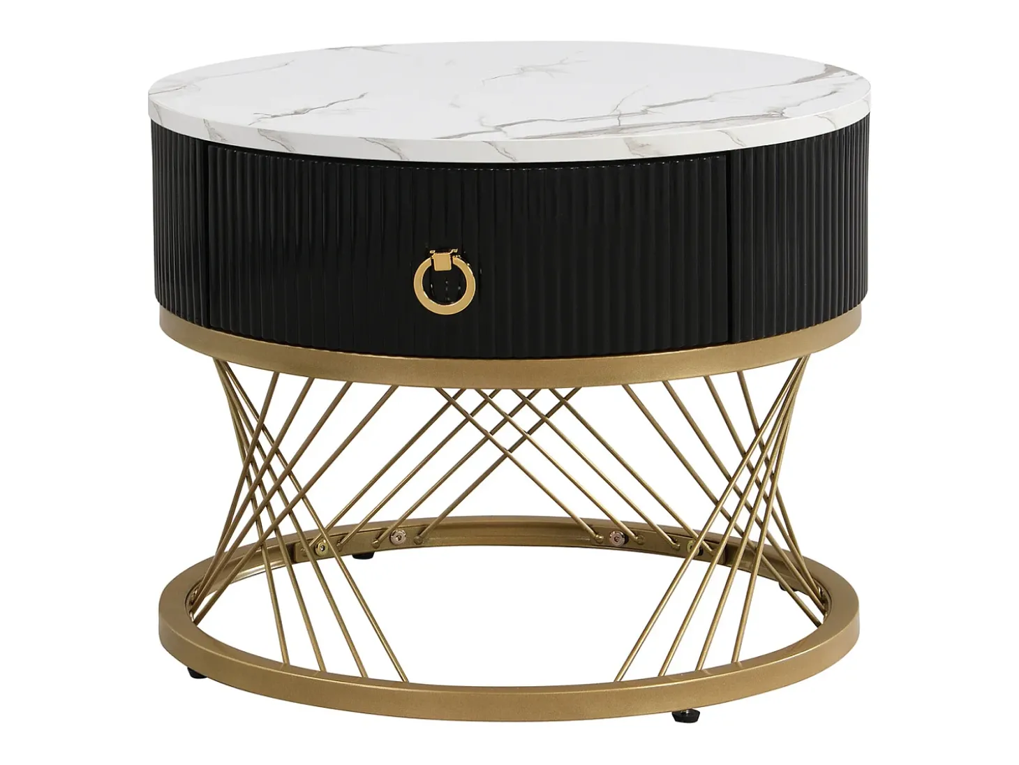 Conjunto de 2 mesas de centro encaixáveis, elegantes e empilháveis, mesa de apoio com decoração efeito mármore dourado com gaveta, 70x70x45cm+50x50x40cm, branco