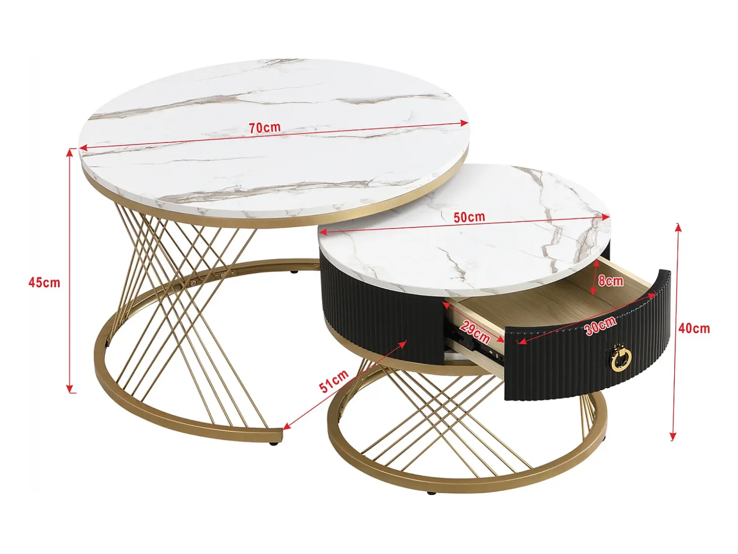 Conjunto de 2 mesas de centro encaixáveis, elegantes e empilháveis, mesa de apoio com decoração efeito mármore dourado com gaveta, 70x70x45cm+50x50x40cm, branco