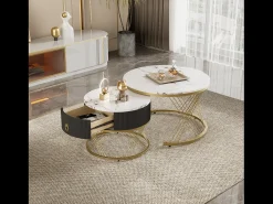 Conjunto de 2 mesas de centro encaixáveis, elegantes e empilháveis, mesa de apoio com decoração efeito mármore dourado com gaveta, 70x70x45cm+50x50x40cm, branco