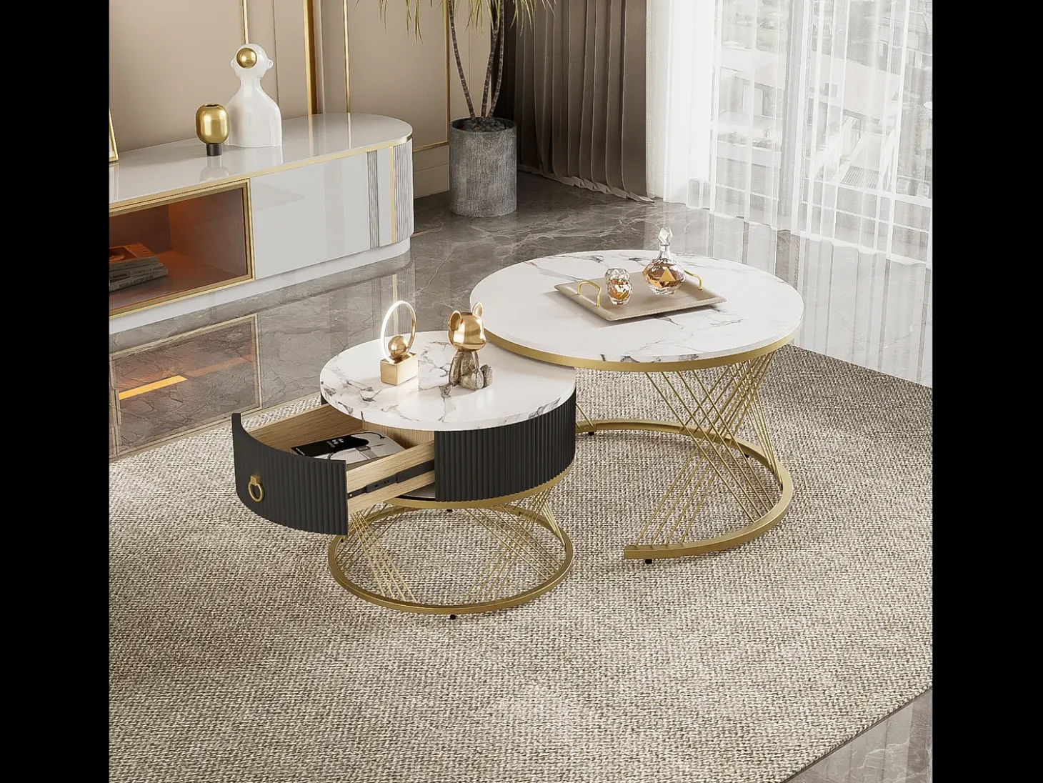 Conjunto de 2 mesas de centro encaixáveis, elegantes e empilháveis, mesa de apoio com decoração efeito mármore dourado com gaveta, 70x70x45cm+50x50x40cm, branco