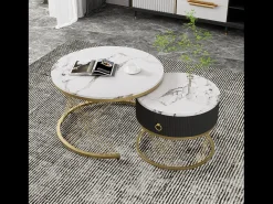 Conjunto de 2 mesas de centro encaixáveis, elegantes e empilháveis, mesa de apoio com decoração efeito mármore dourado com gaveta, 70x70x45cm+50x50x40cm, branco