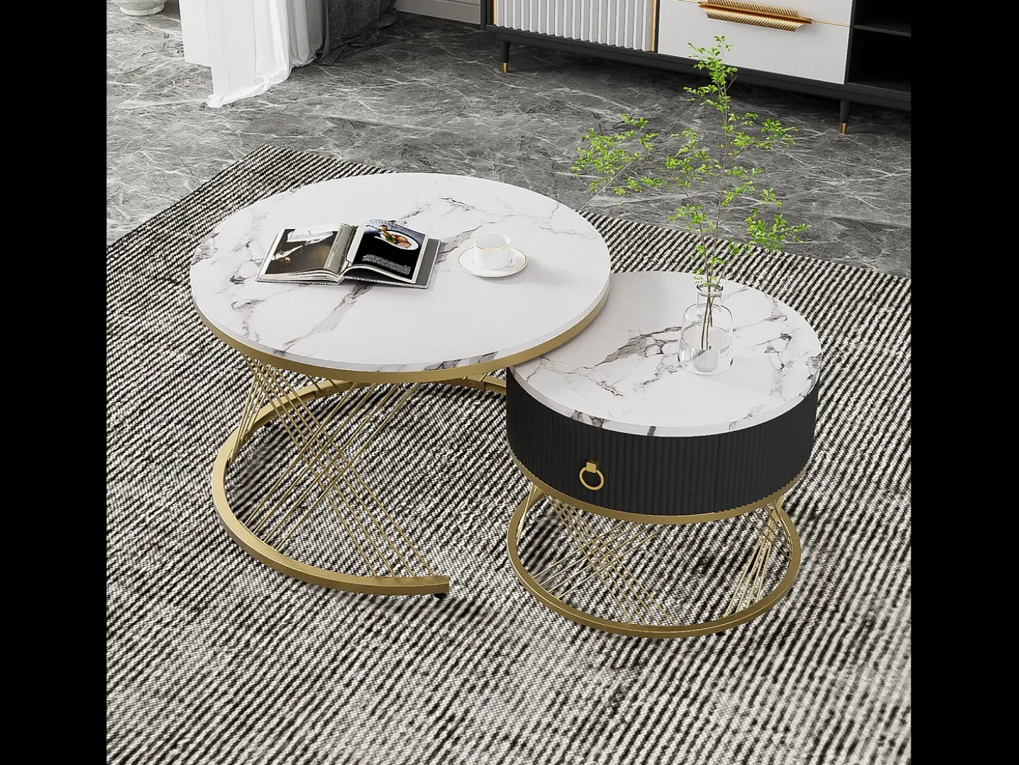 Conjunto de 2 mesas de centro encaixáveis, elegantes e empilháveis, mesa de apoio com decoração efeito mármore dourado com gaveta, 70x70x45cm+50x50x40cm, branco