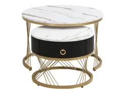 Conjunto de 2 mesas de centro encaixáveis, elegantes e empilháveis, mesa de apoio com decoração efeito mármore dourado com gaveta, 70x70x45cm+50x50x40cm, branco