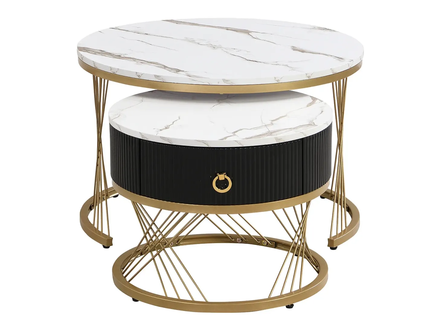 Conjunto de 2 mesas de centro encaixáveis, elegantes e empilháveis, mesa de apoio com decoração efeito mármore dourado com gaveta, 70x70x45cm+50x50x40cm, branco