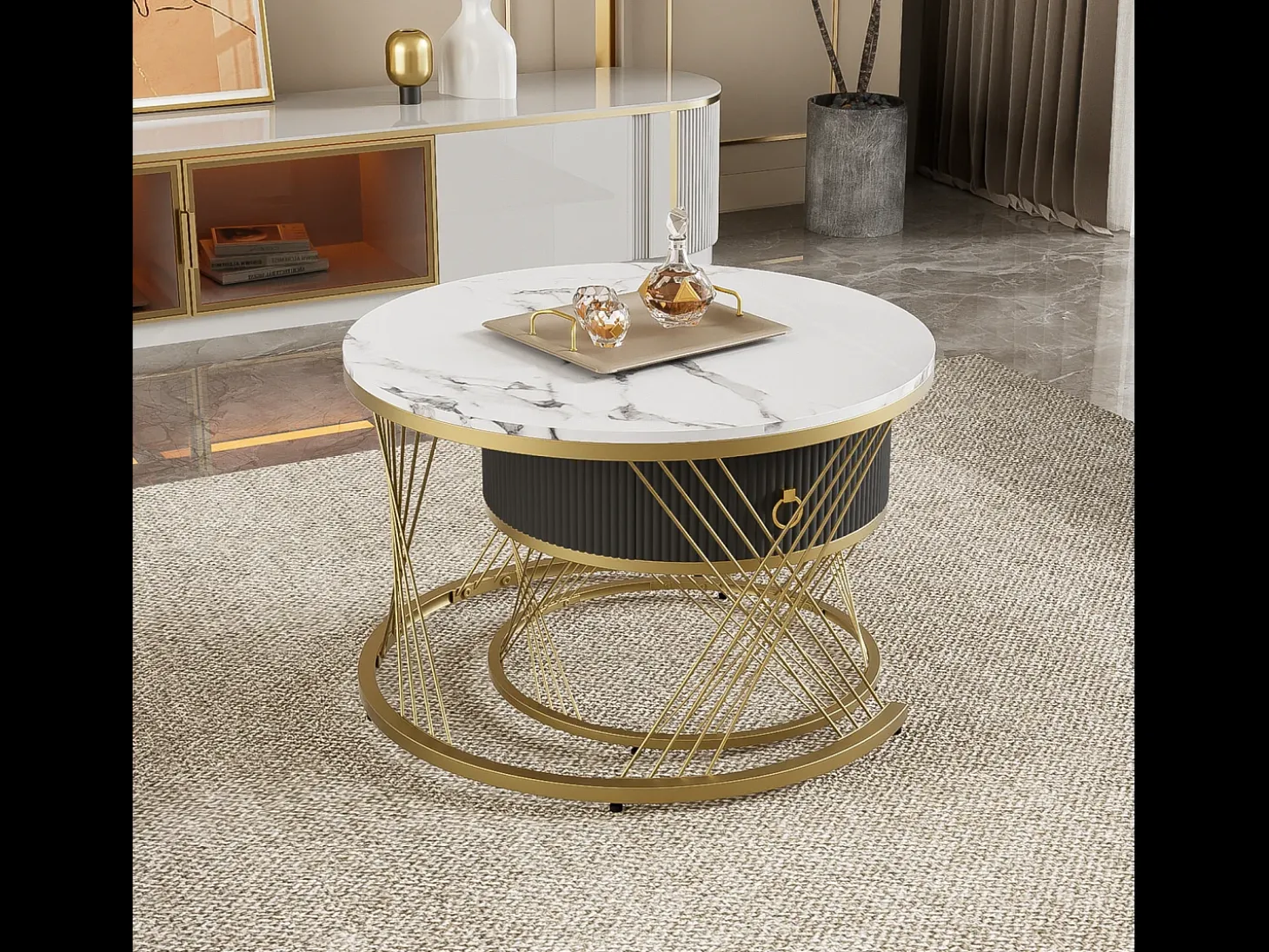 Conjunto de 2 mesas de centro encaixáveis, elegantes e empilháveis, mesa de apoio com decoração efeito mármore dourado com gaveta, 70x70x45cm+50x50x40cm, branco