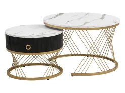 Conjunto de 2 mesas de centro encaixáveis, elegantes e empilháveis, mesa de apoio com decoração efeito mármore dourado com gaveta, 70x70x45cm+50x50x40cm, branco