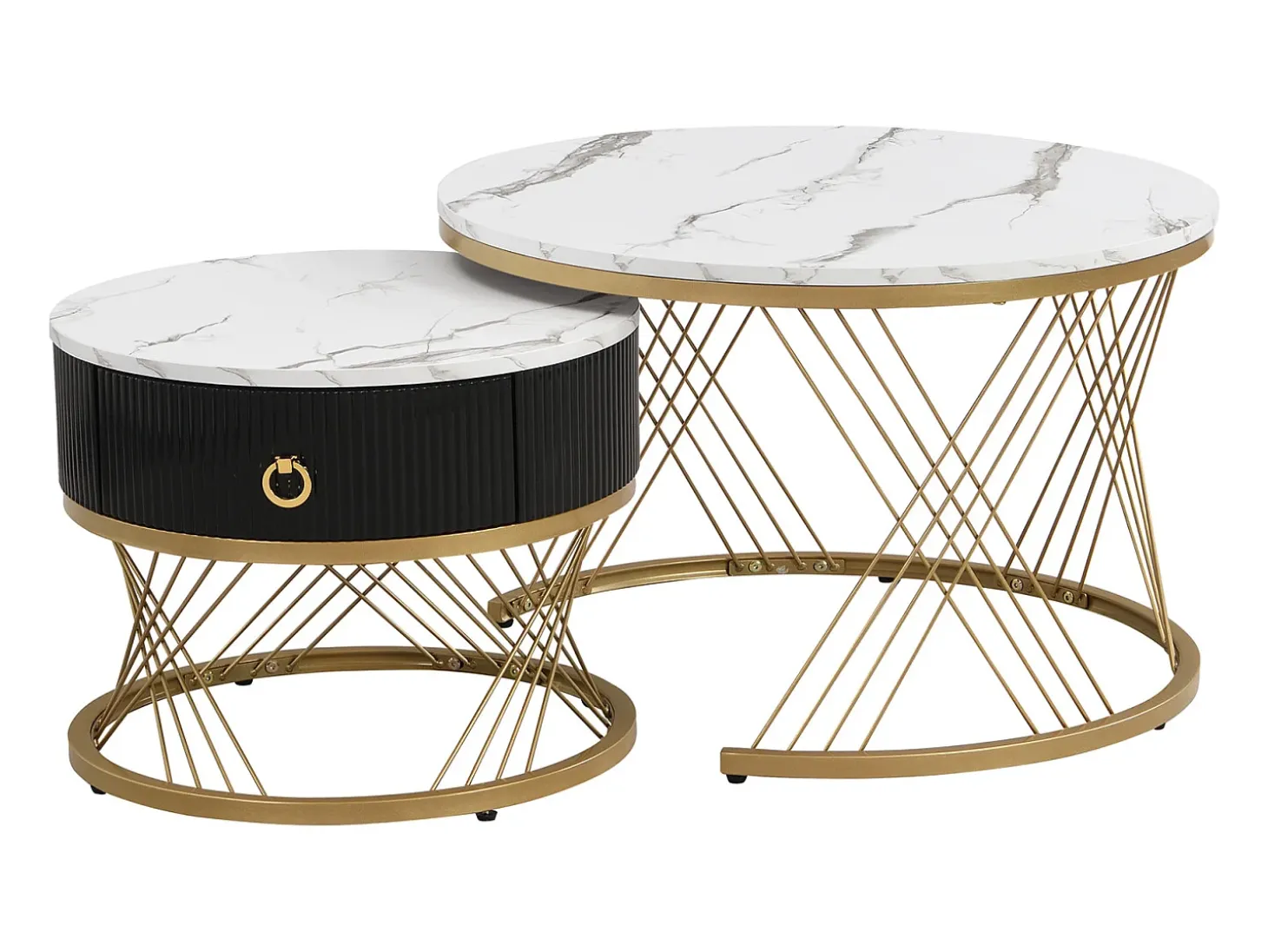 Conjunto de 2 mesas de centro encaixáveis, elegantes e empilháveis, mesa de apoio com decoração efeito mármore dourado com gaveta, 70x70x45cm+50x50x40cm, branco
