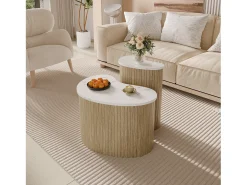 Conjunto de 2 mesas de centro com efeito mármore e madeira - mesa multifuncional para sala de estar - MDF - natural + branco