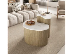 Conjunto de 2 mesas de centro com efeito mármore e madeira - mesa multifuncional para sala de estar - MDF - natural + branco