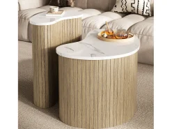 Conjunto de 2 mesas de centro com efeito mármore e madeira - mesa multifuncional para sala de estar - MDF - natural + branco