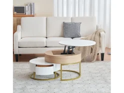 Conjunto de 2 mesas de centro encaixáveis com tampo elevável e 2 gavetas - Pernas douradas - Madeira MDF - Branco + carvalho