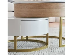 Conjunto de 2 mesas de centro encaixáveis com tampo elevável e 2 gavetas - Pernas douradas - Madeira MDF - Branco + carvalho