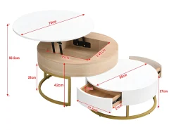 Conjunto de 2 mesas de centro encaixáveis com tampo elevável e 2 gavetas - Pernas douradas - Madeira MDF - Branco + carvalho