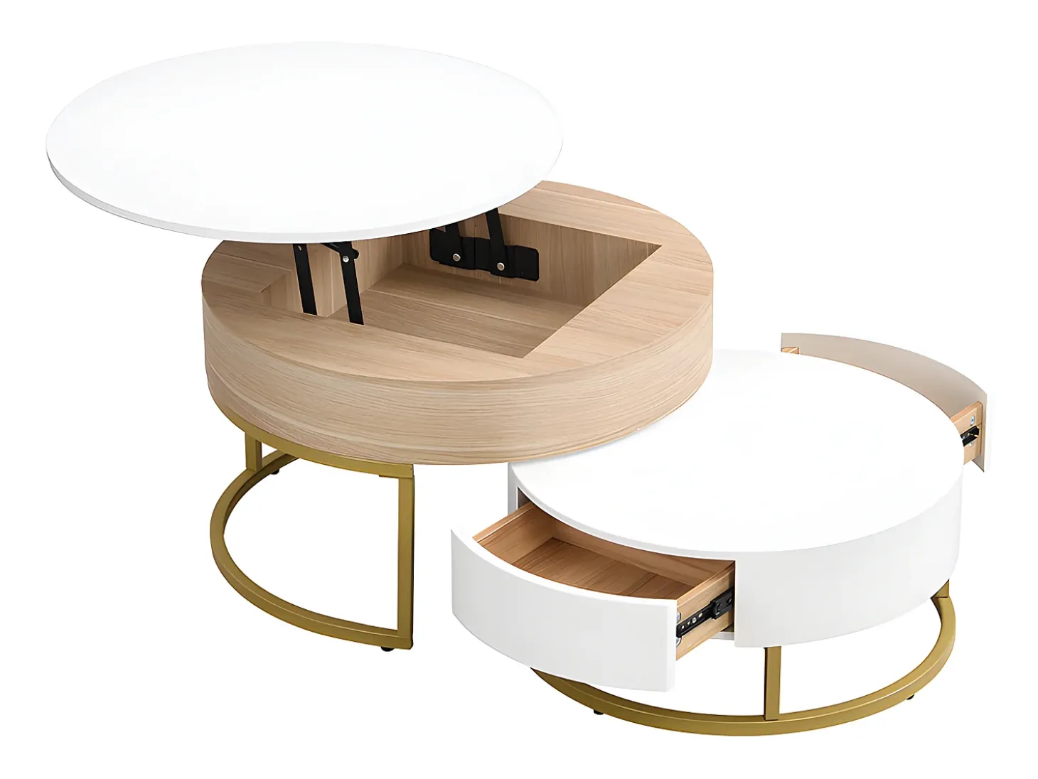 Conjunto de 2 mesas de centro encaixáveis com tampo elevável e 2 gavetas - Pernas douradas - Madeira MDF - Branco + carvalho