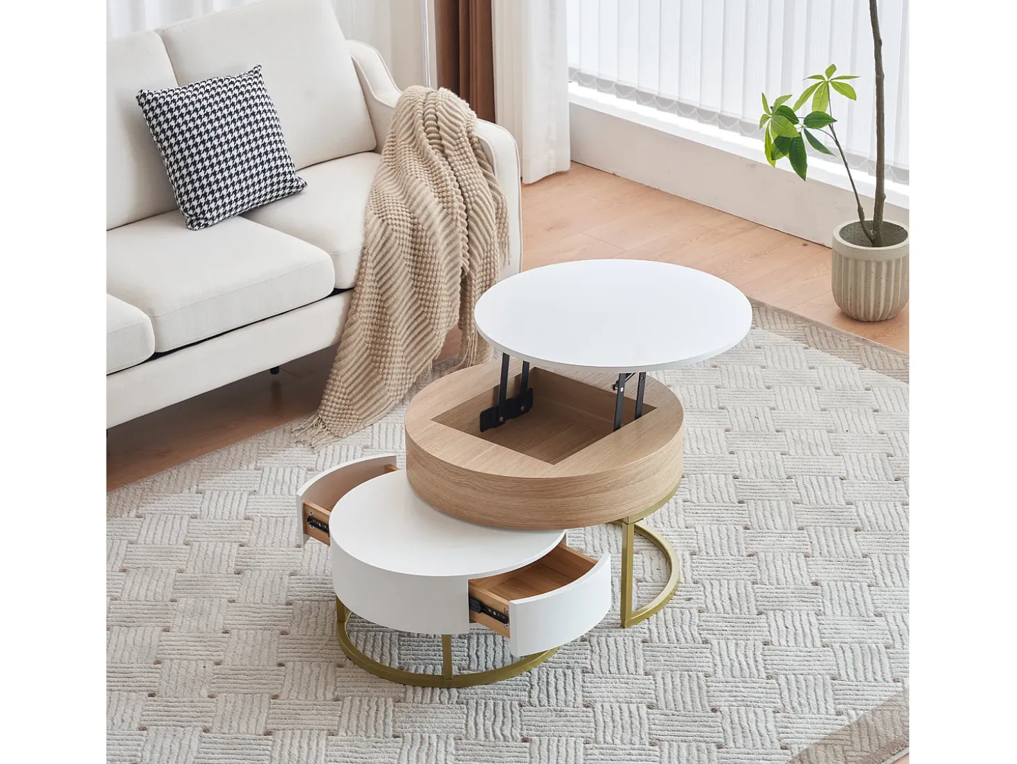 Conjunto de 2 mesas de centro encaixáveis com tampo elevável e 2 gavetas - Pernas douradas - Madeira MDF - Branco + carvalho
