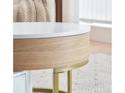 Conjunto de 2 mesas de centro encaixáveis com tampo elevável e 2 gavetas - Pernas douradas - Madeira MDF - Branco + carvalho