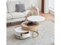 Conjunto de 2 mesas de centro encaixáveis com tampo elevável e 2 gavetas - Pernas douradas - Madeira MDF - Branco + carvalho