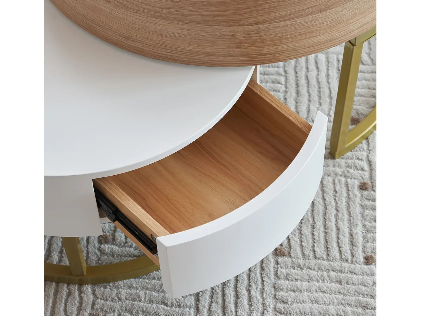 Conjunto de 2 mesas de centro encaixáveis com tampo elevável e 2 gavetas - Pernas douradas - Madeira MDF - Branco + carvalho