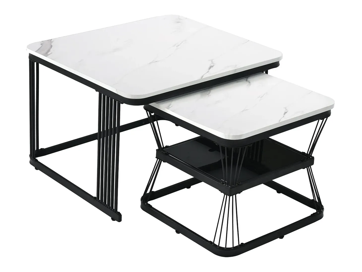 Conjunto de 2 mesas de centro empilháveis com padrão de mármore e espaço de arrumação - Preto e branco
