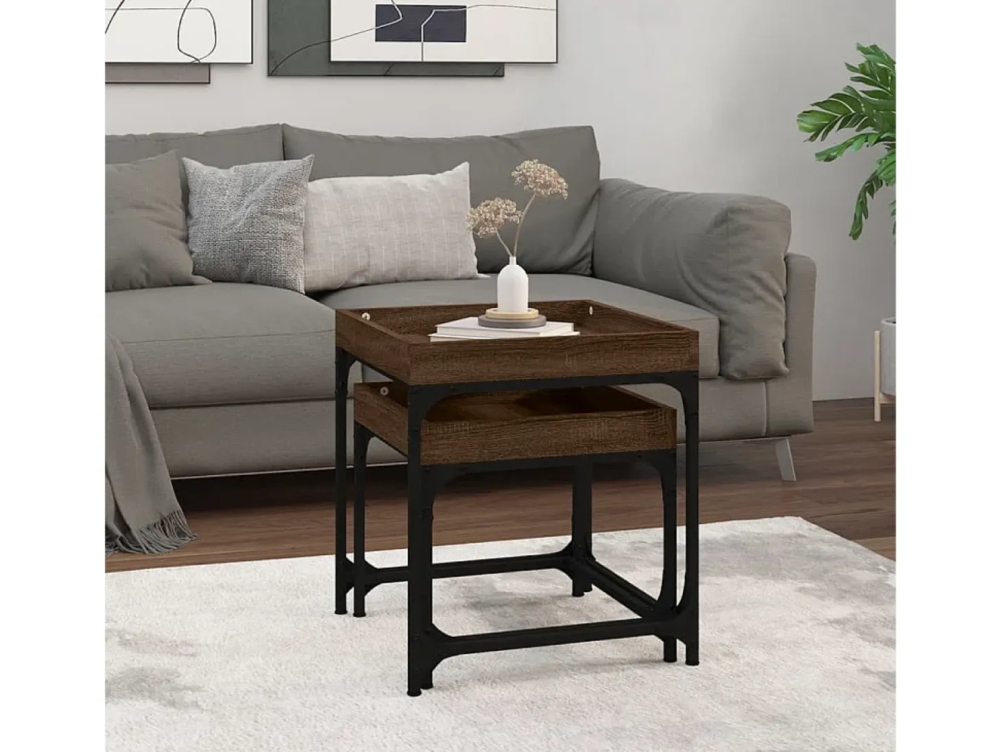 Conjunto de 2 Mesas de Centro | Mesa de apoio | Mesa de café derivados de madeira carvalho castanho