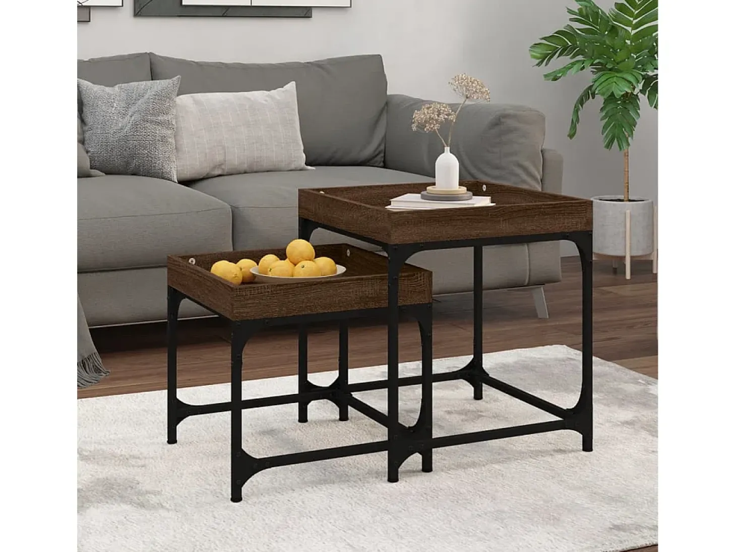 Conjunto de 2 Mesas de Centro | Mesa de apoio | Mesa de café derivados de madeira carvalho castanho